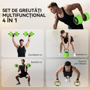 Set Greutăți Sala de Sport 4 în 1 de 20kg, Convertibil în Kettlebell, 2 Gantere, Bară de Haltere și Suport pentru Flotări, Verde - Img 4
