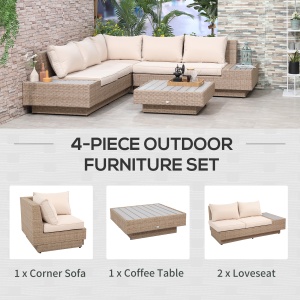 Set Living de Gradina din Rattan, 4 Piese, Coltar pentru Exterior cu Perne, Masute Laterale si Masuta de Cafea, Maro Deschis - Img 5