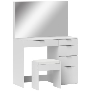 Set Masă de Toaletă cu Oglindă și 5 Sertare și Taburet de Machiaj Tapițat, 97,2x44,5x136,5 cm, Alb - Img 1