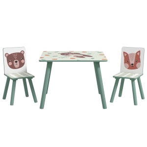 Set masa si scaun 3 piese pentru copii MDF lemn de pin desene animale verde distractie copii indemanare confortabil pentru copii model cu desene - Img 1