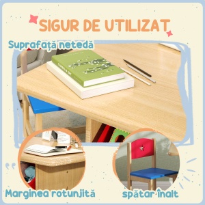 Set Masă și Scaune pentru Copii 3-7 Ani, cu 2 Scaune și 4 Compartimente de Depozitare, 77x57x50 cm, Lemn Natural - Img 7