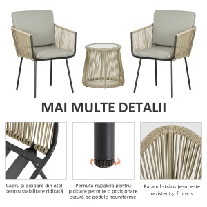 Set mobilier de Grădină cu 2 Scaune și Măsuță de Cafea cu Blat din Sticlă, Ø49x47 cm, Maro - Img 4