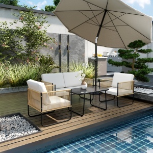 Set Mobilier de Grădină din 4 Piese cu Canapea, 2 Fotolii și Măsuță, 110x61x63 cm, Alb Crem - Img 2