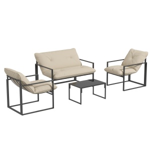 Set Mobilier Exterior 4 Piese, Set Relaxare cu Măsuță din Sticlă, Canapea, 2 Fotolii și Perne, Bej - Img 1
