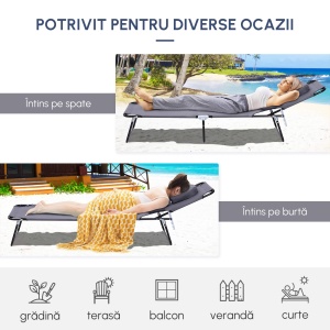 Sezlong Relax Pliabil pentru plaja cu pernuta și deschidere pentru față în tesătură Oxford, Gri - Img 7