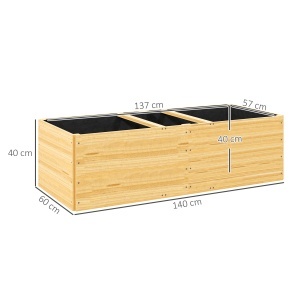 Strat de Grădină Înălțat și Adânc cu 3 Zone de Creștere și Strat de Protecție, 140x60x40 cm, Lemn Natural - Img 3