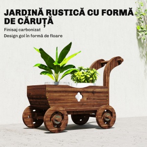 Strat Înălțat pentru Grădină în Formă de Cărucior cu 4 Roți și Mâner, Ghiveci din Lemn de Molid cu Găuri de Drenaj, pentru Balcon, Terasă, 68x38x52 cm, Finisaj Carbonizat - Img 4