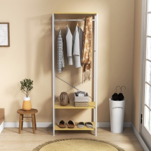 Suport 2 în 1 pentru Haine cu Depozitare Pantofi, Șină Suspendată și 2 Rafturi de Depozitare, 60x40x167.5 cm, Natural - Img 6