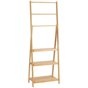 Suport de Podea Multifuncțional pentru Prosoape de Baie cu 3 Bare și 3 Rafturi, 53x30,5x152 cm, Natural