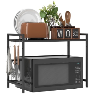 Suport extensibil pentru cuptor cu microunde pe 2 niveluri cu 3 cârlige, din metal, negru - Img 1