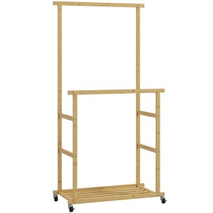 Suport pentru haine cu 2 bare, raft inferior și 4 roți din bambus, 80x40x160 cm, lemn natural - Img 1