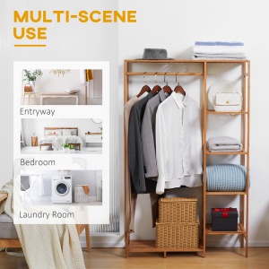 Suport pentru Haine din Bambus cu Rafturi pe 6 Niveluri și Bară pentru Haine, Stender pentru Dormitor și Hol, Design Modern, 90x30x145 cm, Lemn Natural - Img 6