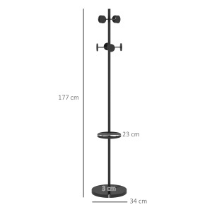 Suport pentru Haine și Umbrele, Cuier Independent cu 8 Carlige Rotunde pentru Haine, Pălării și Poșete, Φ34x177 cm, Negru - Img 3