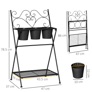 Suport pentru plante din Metal Pliabil cu 3 Ghivece, Raft pentru Plante cu Etajera pentru Casa si Gradina, 47x37x78,5 cm, Negru - Img 3