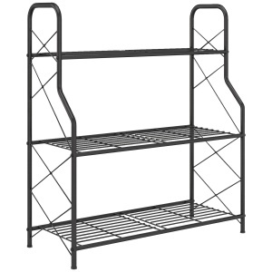 Suport pentru Plante Vertical cu 3 Niveluri, cu Suporturi Laterale în X, Suport Ghivece cu Mânere Integrate din Metal pentru Interior și Exterior, 69x28.5x78 cm, Negru