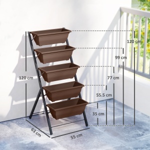 Suport pentru Plante Vertical cu 5 Niveluri și 5 Ghivece cu Găuri de Drenaj, Suport din Oțel și Plastic, 55x63x120 cm, Maro - Img 3