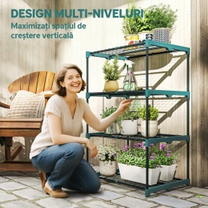 Suport Vertical pentru Plante cu 4 Niveluri din Oțel și Plastic, Suport pentru Ghivece de Interior și Exterior, Grădină, Balcon, 67x49x105 cm, Verde Închis - Img 4