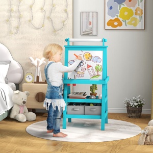 Tablă de Desen Dublă cu Magnet, Sul de Hârtie și Depozitare, Pentru Copii 3-6 Ani, 59x48x118 cm, Albastru - Img 2