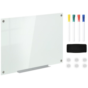 Tablă de Sticlă Albă cu 4 Markere și Burete de Șters 90x60x0.4 cm