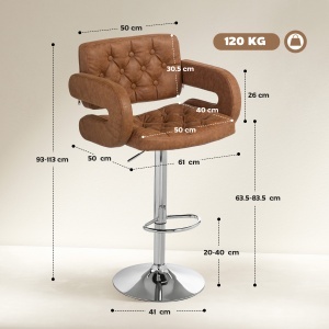 Taburet de Bar cu Înălțime Reglabilă, Scaun Înalt din PU cu Spătar, Suport pentru Picioare, Cotiere și Șezut Moale, Structură din Oțel, Rotativ la 360°, pentru Bucătărie, Maro - Img 3