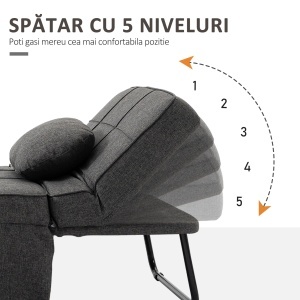 Taburet Pat Individual 3 în 1 cu Spătar Reglabil pe 5 Nivele și Pernă Suplimentară, 95x179x78 cm, Gri - Img 5