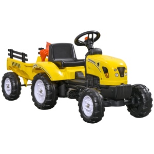 Tractor de Pedalat pentru Copii de 3+ Ani cu Remorcă, Greblă, Lopată și Claxon, 133x42x51 cm, Galben - Img 1