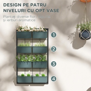 Trepte pentru Plante, 8 Ghivece Stivuibile, Rezistente la Intemperii, 52,5 x 14 x 90 cm, Gri + Negru - Img 5