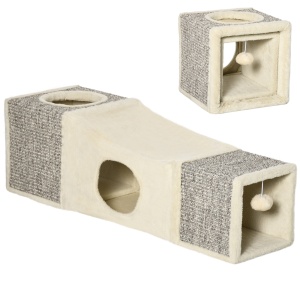 Tunel Pliabil pentru Pisici cu Căsuțe și Zgârâietori, Jucării cu Minge de Pluș și Sisal, 98x30x30 cm, Alb Crem - Img 1