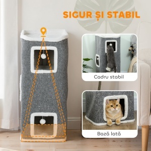 Turn pentru Pisici cu 4 Niveluri, 3 Căsuțe, 3 Bile de Jucărie și Loc de Relaxare, Copac pentru Pisici din Plăci Aglomerate, Țesătură și Pluș, 41x41x100 cm, Gri și Alb - Img 7