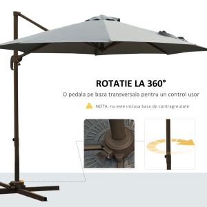 Umbrel de Gradină cu Manivelă cu Înclinare Reglabilă, Umbrelă cu Braț și Stinghii, Ø2.95x2.5 m, Gri - Img 5
