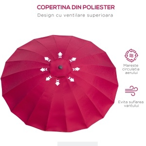 Umbrelă de Grădină Înclinabilă cu Manivelă și 18 Spițe din Metal și Poliester, Ø250x240 cm, Roșu - Img 6