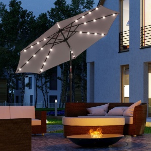 Umbrelă de Grădină Inclinabilă Ø265 cm cu 32 Lumini LED Solare și Manivelă, Umbrelă de Exterior cu 8 Spițe, din Oțel și Poliester, pentru Patio, Curte, Balcon, Terasă, Gri - Img 2