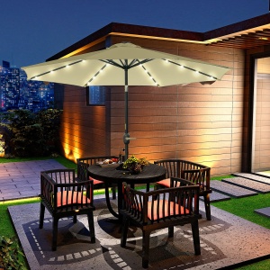 Umbrelă de Grădină Inclinabilă Ø265 cm cu 32 Lumini LED Solare și Manivelă, Umbrelă de Exterior cu 8 Spițe, din Oțel, Poliester, pentru Terasă, Curte, Balcon, Bej - Img 8