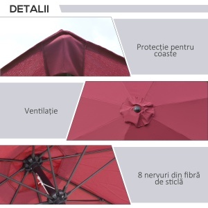 Umbrelă de Grădină Înclinabilă pe 3 Unghiuri cu Manivelă, Ø265x240 cm, Roșu - Img 6