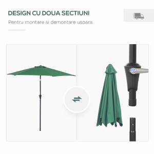 Umbrela de Gradina Reclinabila Plaja Aluminiu si Poliester Φ2.6×2.35m Verde Inchis - Img 7