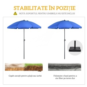 Umbrelă de Plajă 1.8x2 m cu Inclinație la 45° și 8 Stecche, Poliester și Oțel, Albastru - Img 7