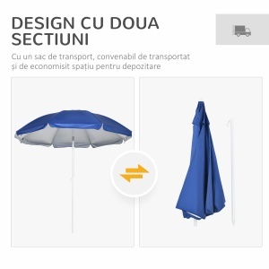 Umbrelă de Plajă cu Acoperiș Înclinabil la 45°, Ferestre și 2 Buzunare, Ø191x211 cm, Albastru - Img 5