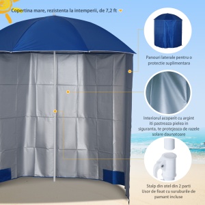 Umbrelă de Plajă cu Perdea Laterală, Săculeți pentru Nisip și Țăruși, Ø220x220 cm, Albastru - Img 4