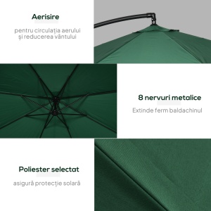 Umbrelă de Soare cu Plasă de Țânțari, Umbrelă de Soare cu Deschidere Manivelă și Bază Transversală, 295x295x240 cm, Verde - Img 6