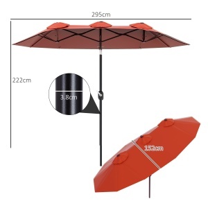 Umbrela de soare de gradina basculabila dubla cu deschidere cu manivela, copertina cu orificii de ventilatie si 12 nervuri, 295x152x222cm, rosu - Img 3