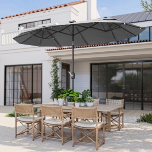 Umbrela de terasa cu doua fete cu lumini solare si baza in cruce, Umbrela de masa pentru exterior cu buton de inclinare, manivela, 2 orificii de ventilatie, pentru gradina, punte, Gri - Img 9