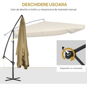 Umbrelă Excentrică cu Plasă Anti-Țânțari, Acoperiș Reglabil, Bază și Orificii de Ventilație, 295x295x260 cm, Bej - Img 5