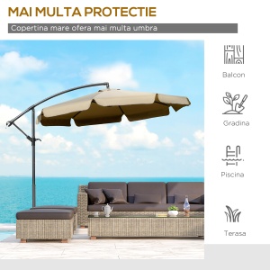 Umbrela Suspendată cu Copertină Reglabilă, Bază în Cruce, Orificii de Ventilaţie şi Manivelă, 2.7x2.7 m, Cafeniu - Img 7