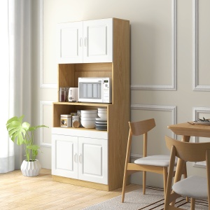 Unitate de camara inalta din PA de culoare alb si lemn cu 4 usi cu dulapuri si raft deschis, pentru bucatarie si sufragerie, 80x40x180 cm - Img 2