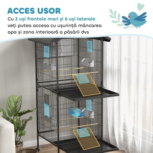 Volieră pentru Păsări cu Roți, Tăvi Detașabile din Plastic și Stinghii, Colivie pentru Canari din Metal, 168 cm, Negru - Img 5