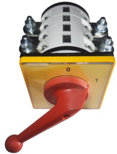 Intrerupator industrial cu came incastrabil Koncar ON-OFF 3P 400A 0-1 IP40 cu placa galbena de urgenta 132x132mm si maner rosu - Img 2