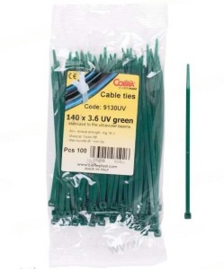 Set 100 buc colier cablu verzi foarte rezistent la UV 140x3,6 pentru aplicații în aer liber COBRA 9130UV - Img 1