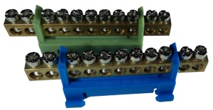 Set cleme bloc terminal barete pentru impamantare si nul albastra si verde pe sina 11 gauri max 16mm2 63A - Img 1