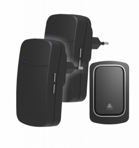 Sonerie fără fir și fără baterie 1 transmițător- comutator cinetic (1 buton) și 2 receptoare negre ( 2 sonerii) la priză , 38 melodii, distantă 150m. IP68 (buton)