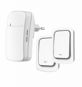 Sonerie fără fir și fără baterie 2 transmițătoare - comutator cinetic (2 butoane) și 1 receptor alb ( 1 sonerie) la priză , 38 melodii, distantă 150m. IP68 (buton)